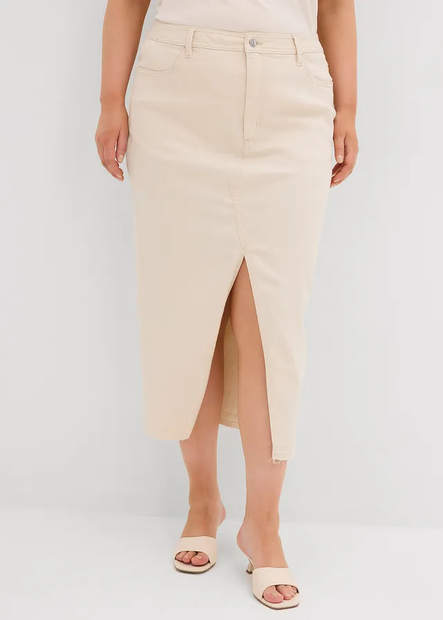 Jupe en jean fendue devant, Couleur: beige naturel