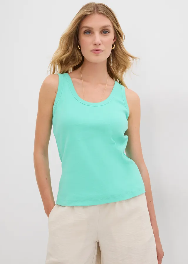 Geribde tanktop met biologisch katoen (set van 2), Kleur: new beige-mentholblauw