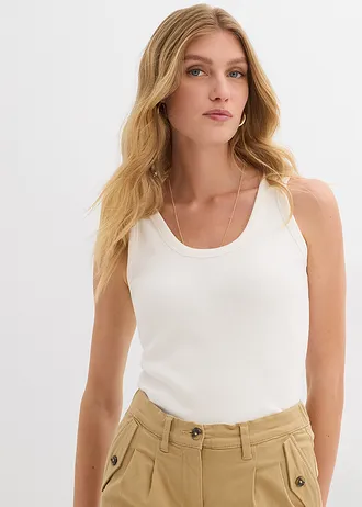 Prążkowany tank top z bawełną organiczną (2 szt.) • biel wełny+brązowy ziemisty • sklep bonprix