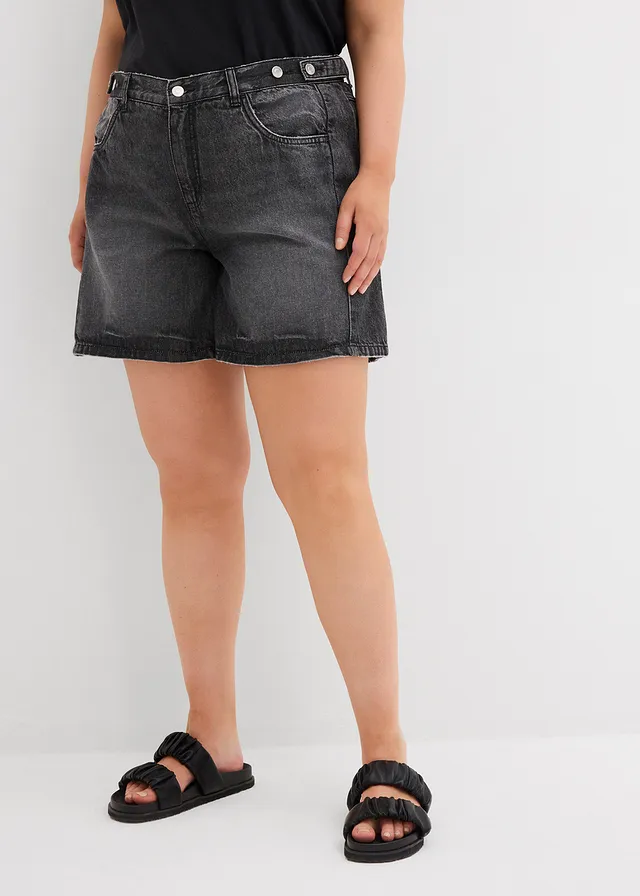 Jeans short mid waist, low stretch, Kleur: zwart denim used