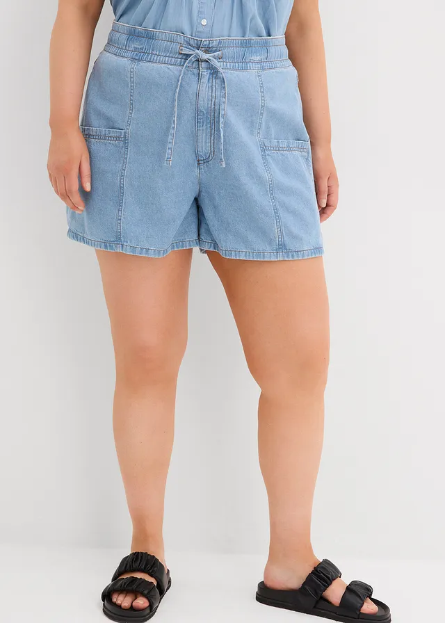 Short en jean avec taille haute élastiquée, Couleur: bleu glacier denim used