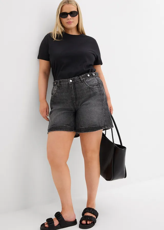 Jeans short mid waist, low stretch, Kleur: zwart denim used