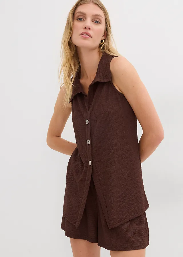 Top en crêpe texturé, Couleur: acajou foncé