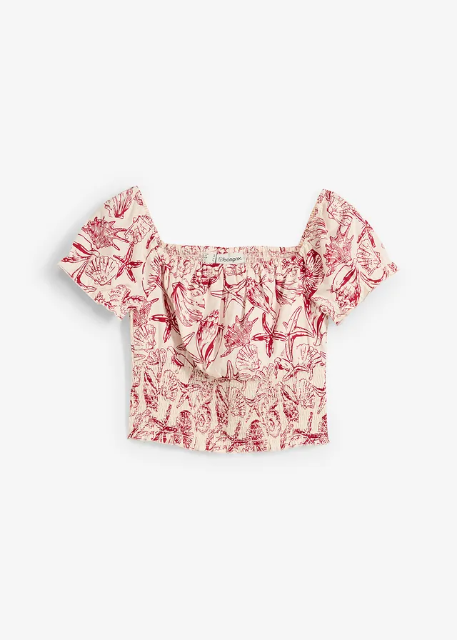 Blouse à encolure Bardot, 100% coton, Couleur: crème/rouge piment imprimé