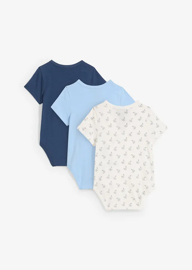 Lot de 3 bodies bébé croisés manches courtes, 100% coton, Couleur: bleu clair + écru + bleu profond imprimé