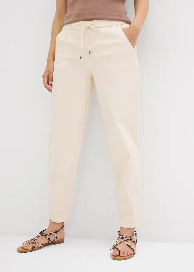 Jean barrel taille mi-haute élastiquée, Couleur: beige naturel