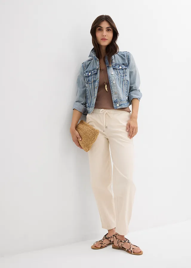 Barrel jeans met mid waist en comfortband • natuurbeige • product-page.page-title-suffix
