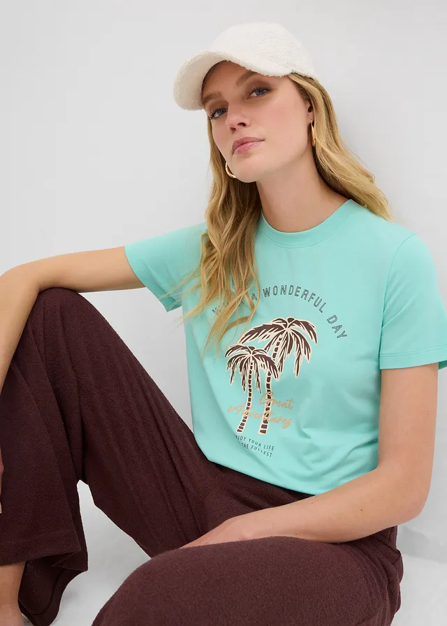 T-shirt z nadrukiem • niebieski mentolowy/ciemnobrązowy • sklep bonprix