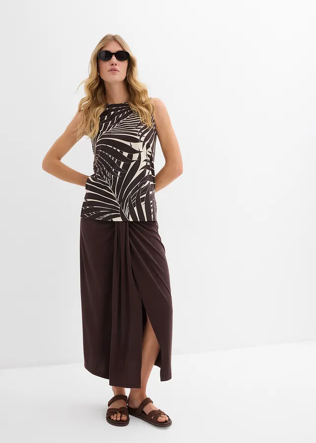 Top met zijsplitten, Kleur: ecru-donkerbruin met print