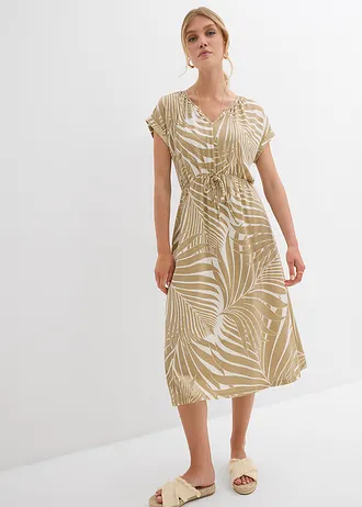 Jersey jurk van soepele viscosemix, Kleur: wolwit-new beige met print