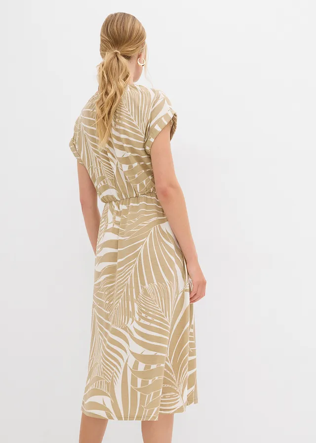 Jersey jurk van soepele viscosemix, Kleur: wolwit-new beige gedessineerd