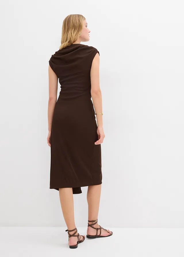 Robe midi côtelée avec drapé, Couleur: marron foncé