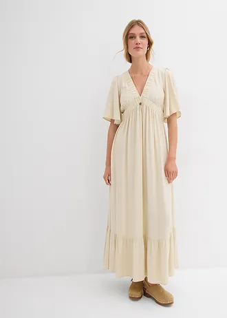 Maxi jurk met strokenrok van soepele viscose, Kleur: ecru