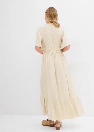 Maxi jurk met strokenrok van soepele viscose, Kleur: ecru