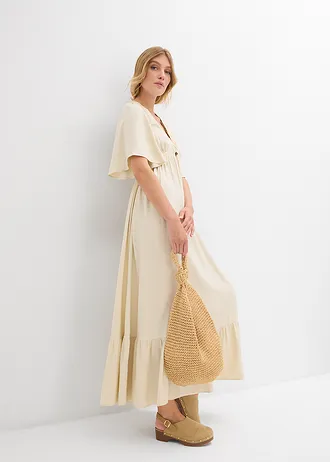Maxi jurk met strokenrok van soepele viscose, Kleur: ecru