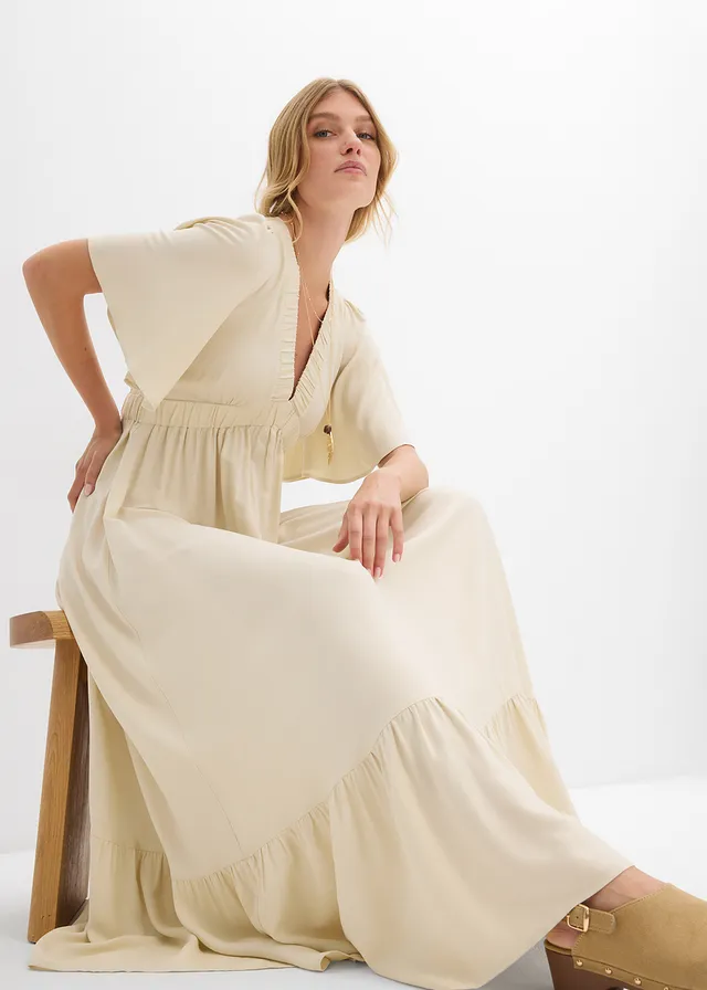 Maxi jurk met strokenrok van soepele viscose • ecru • product-page.page-title-suffix