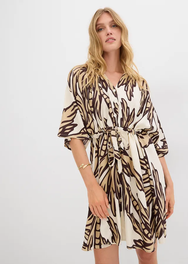 Robe courte en viscose fluide, manches kimono, Couleur: naturel/marron foncé/beige foncé floral