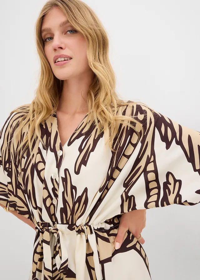 Mini jurk van soepele viscose met kimonomouwen • ecru-donkerbruin-new beige • product-page.page-title-suffix