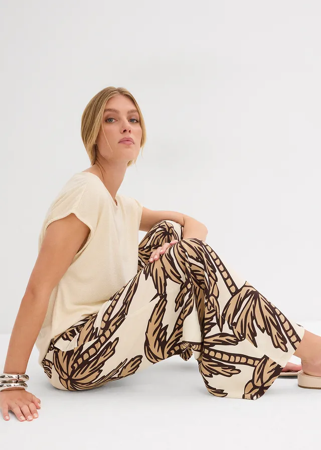 Marlene Dietrich broek van soepele viscose • ecru-donkerbruin-new beige gebloemd • product-page.page-title-suffix
