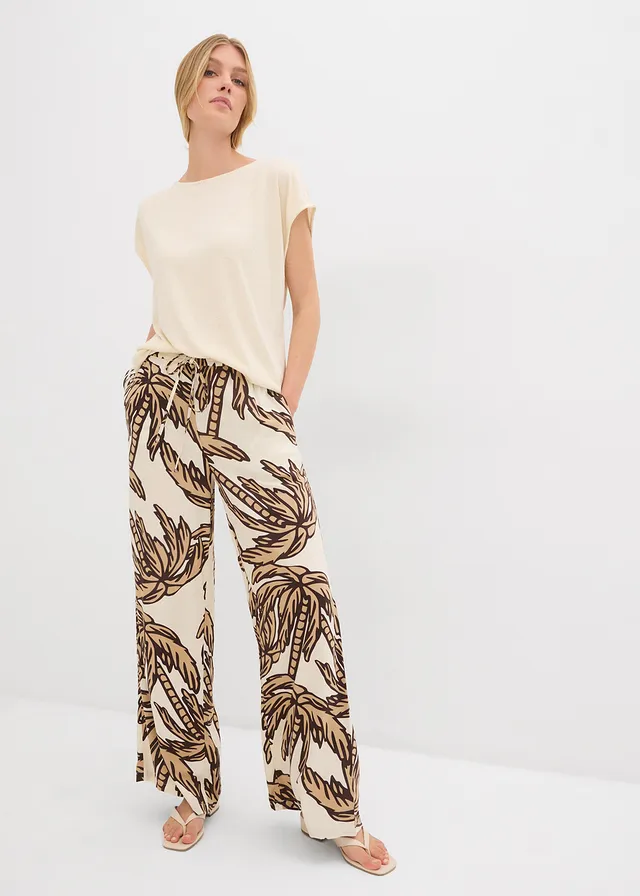 Pantalon large en viscose fluide, Couleur: écru-marron foncé-new beige floral