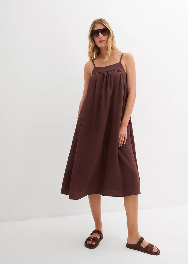 Robe à fines bretelles en viscose mélangée, Couleur: marron