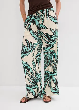 Marlene Dietrich broek van vloeiende viscose, Kleur: mentholblauw-ecru-donkerbruin gebloemd