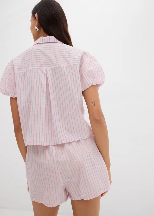 Blouse à manches courtes 100% coton, Couleur: rose bonbon/bleu clair rayé