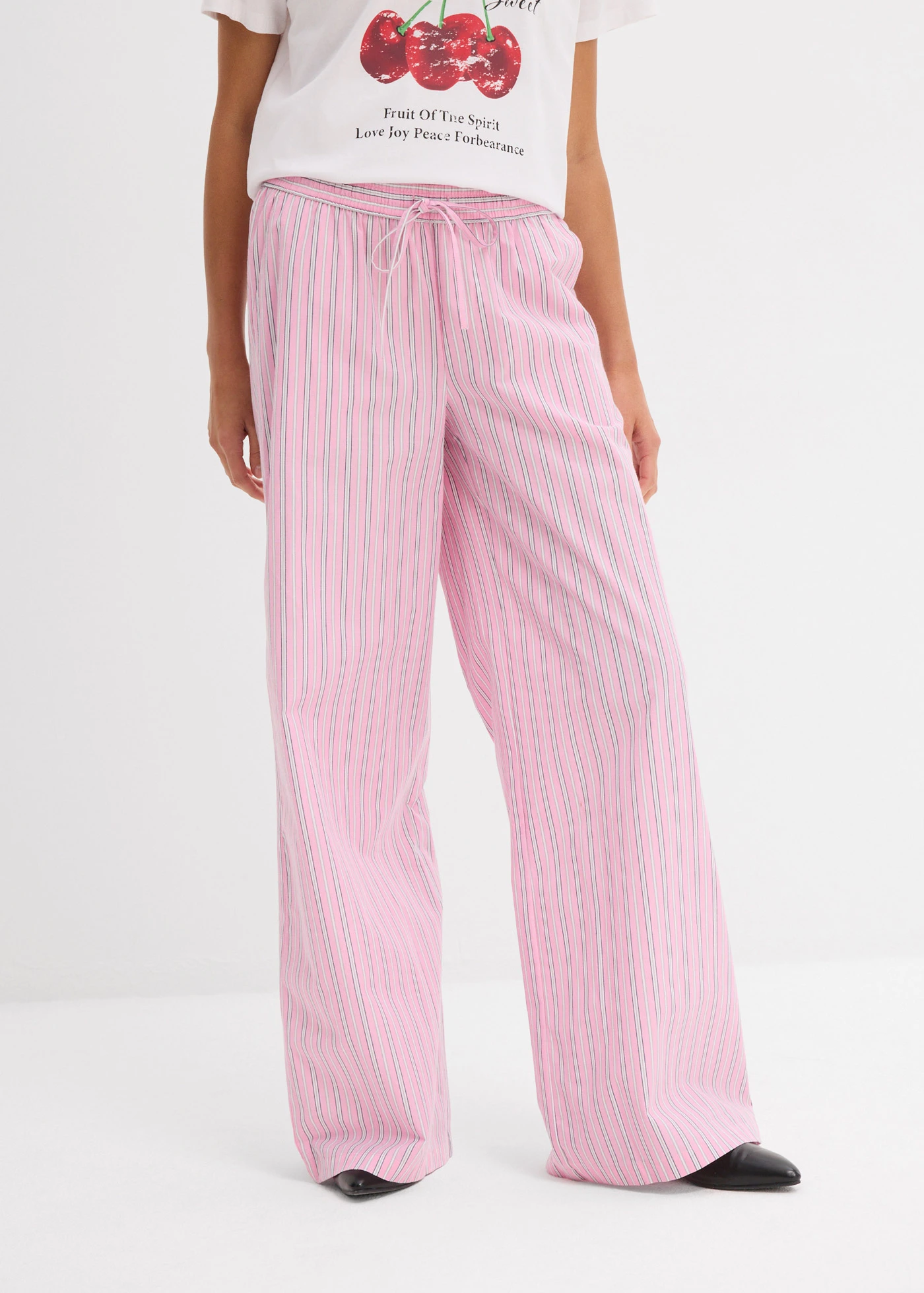 Kalhoty bez zapínání, z čisté bavlny • růžovo-bílá s proužky • bonprix obchod