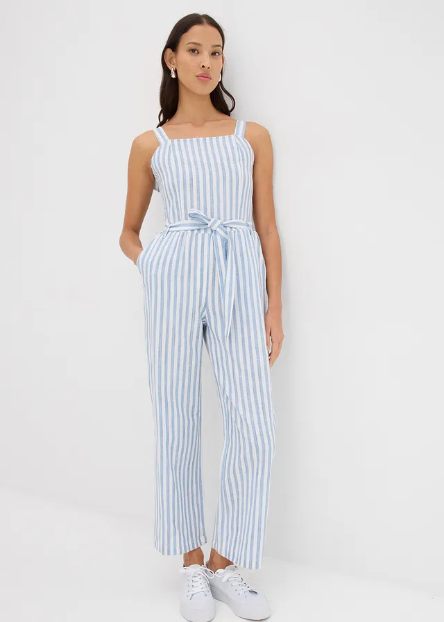 Jumpsuit van een katoen-linnenmix, Kleur: blauw-wit verticaal gestreept