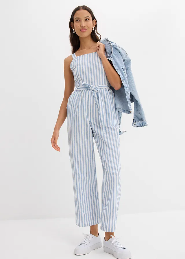 Jumpsuit van een katoen-linnenmix, Kleur: blauw-wit verticaal gestreept