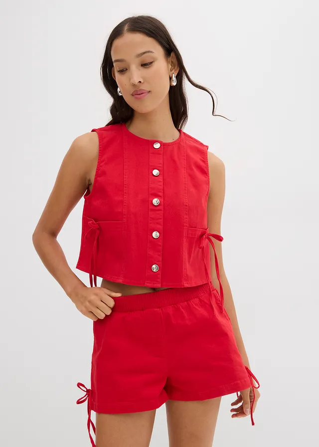 Gilet sans manches en twill de coton extensible, Couleur: rouge tomate