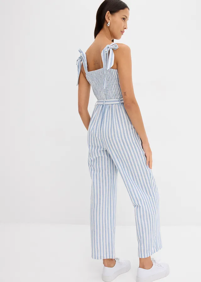 Jumpsuit van een katoen-linnenmix, Kleur: blauw-wit verticaal gestreept