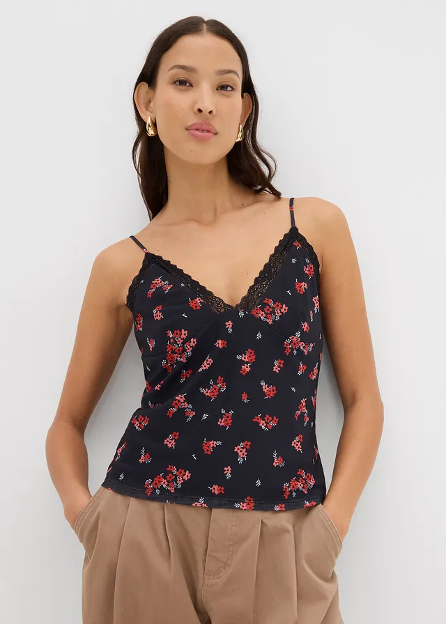 Top en mesh à fines bretelles, Couleur: noir/orange foncé imprimé
