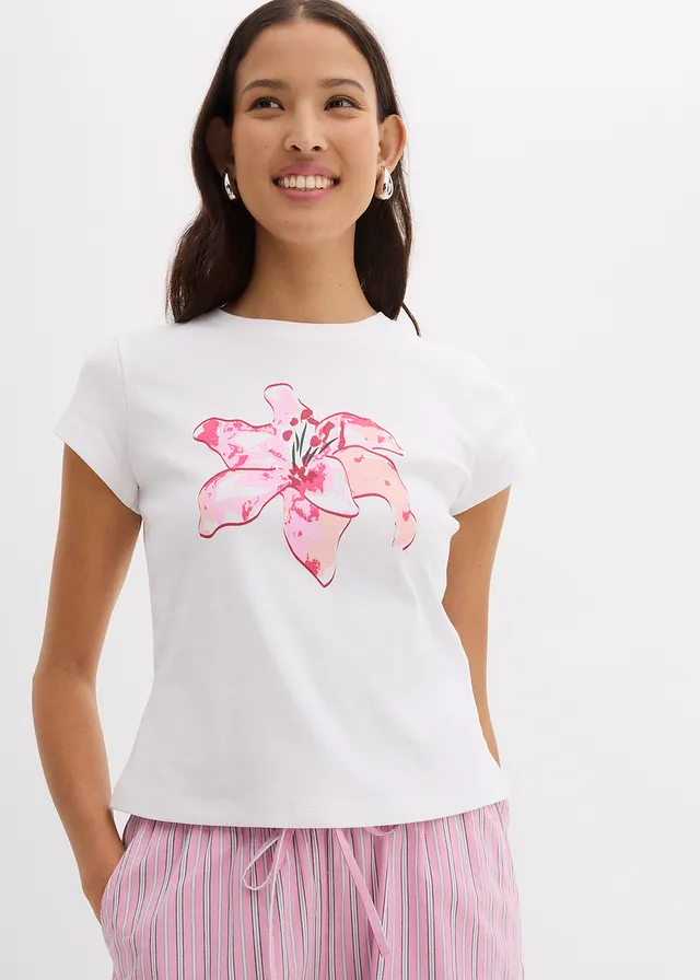 T-shirt 100% coton, Couleur: blanc/rose cristal imprimé