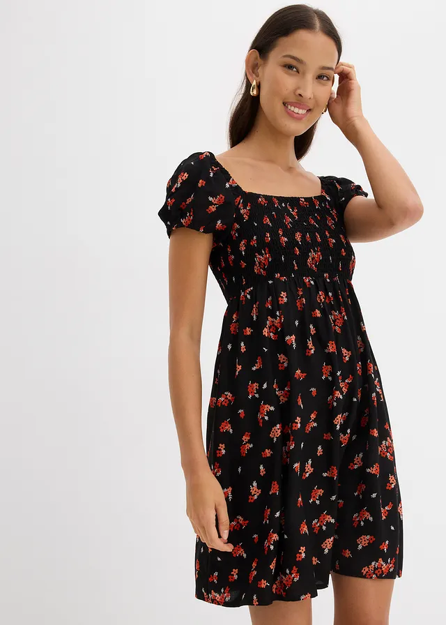 Robe courte en viscose fluide, Couleur: noir/blanc/orange foncé imprimé