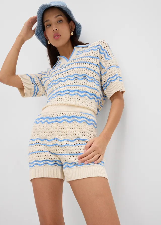 Short en maille aérienne coton et lin • ivoire-bleu moyen rayé • product-page.page-title-suffix