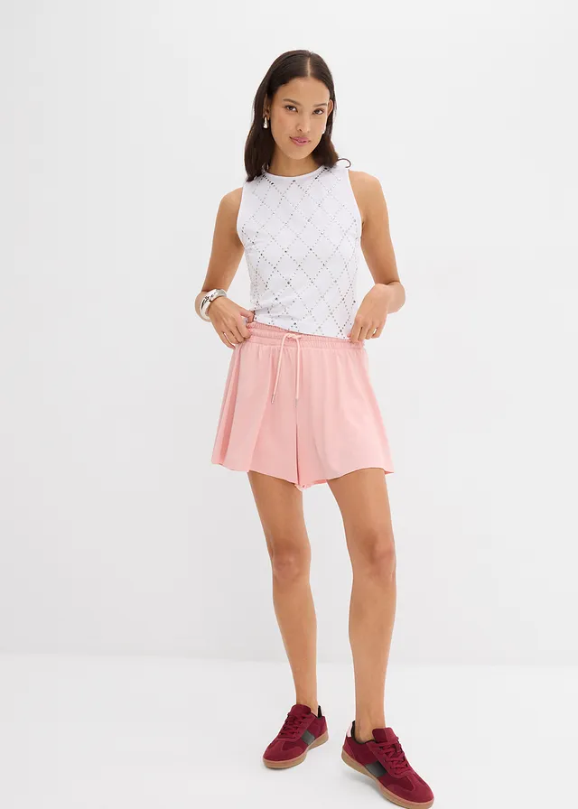 Short taille élastiquée esprit tennis, Couleur: rose bonbon