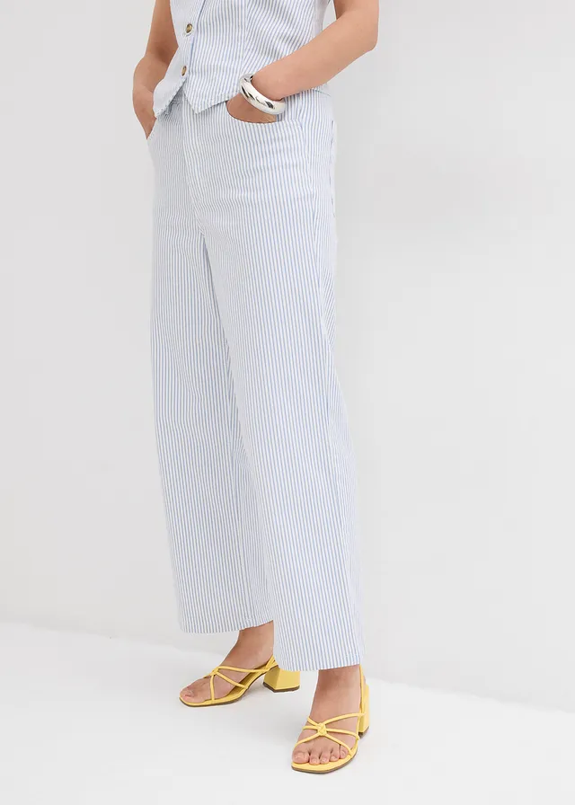 Blugi Wide Leg High Waist, cropped, culoare: alb cu dungi
