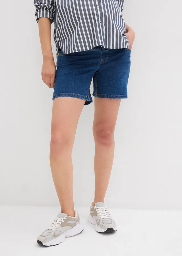 Short de grossesse en coton denim extensible, Couleur: bleu denim