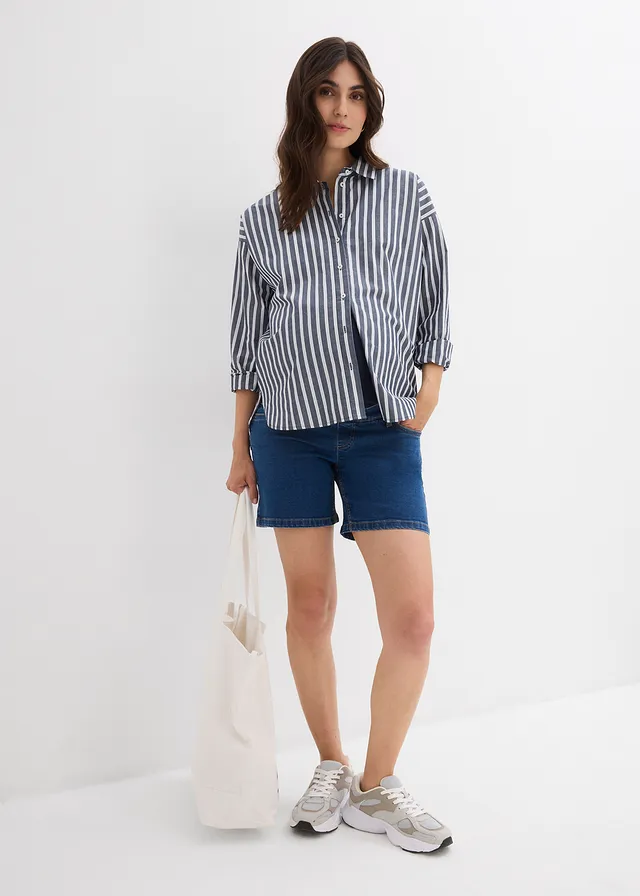 Short de grossesse en coton denim extensible, Couleur: bleu denim