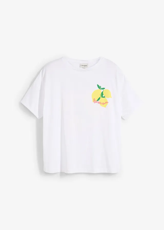 T-shirt oversize z czystej bawełny organicznej • biało-żółty kremowy z nadrukiem • sklep bonprix