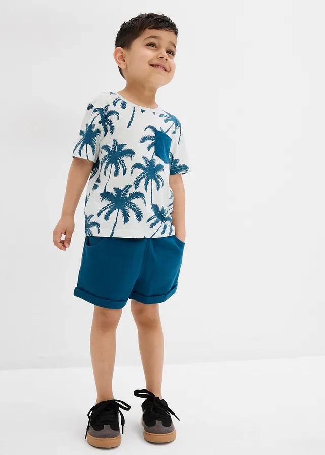 T-shirt en korte broek (2-dlg. set), Kleur: rookmint gedessineerd + blauwpetrol uni
