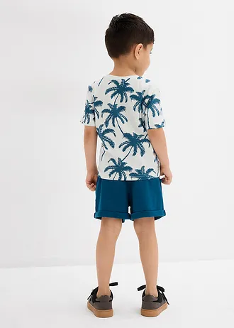 Tričko a krátké kalhoty (2dílná souprava), barva: kouřově mátová s potiskem + modrá petrolejová jednobarevná