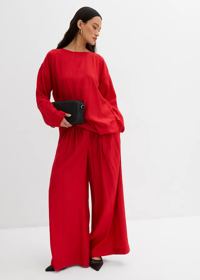 Pantalon palazzo en crépon de viscose mélangée, Couleur: rouge salsa
