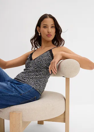 Top s úzkými ramínky, ze síťoviny • černo-bílá s květy • bonprix obchod