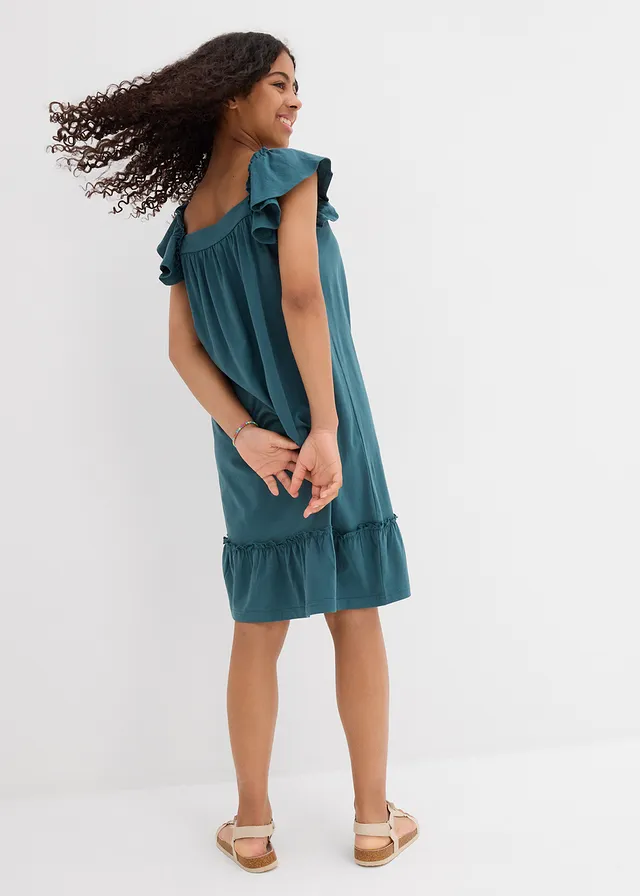 Jersey jurk in een elastische katoenmix, Kleur: pepergroen