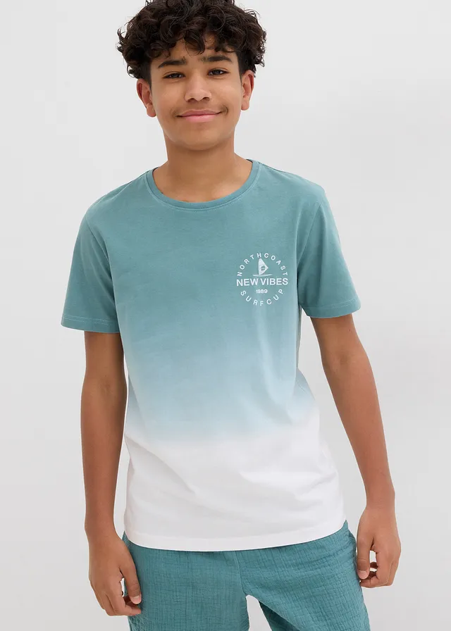 T-shirt van puur katoen, Kleur: mineraalblauw-wit