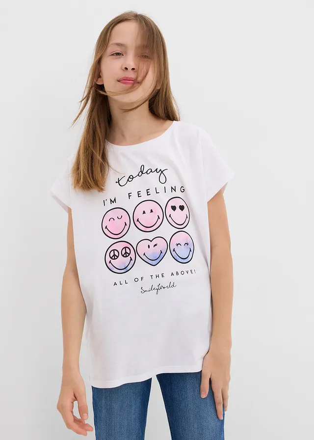Smiley shirt van katoen, Kleur: wit-kristalroze met print