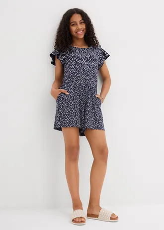 Žerzejový  overal z elastické směsi s organickou bavlnou, barva: tmavě modrá s květy