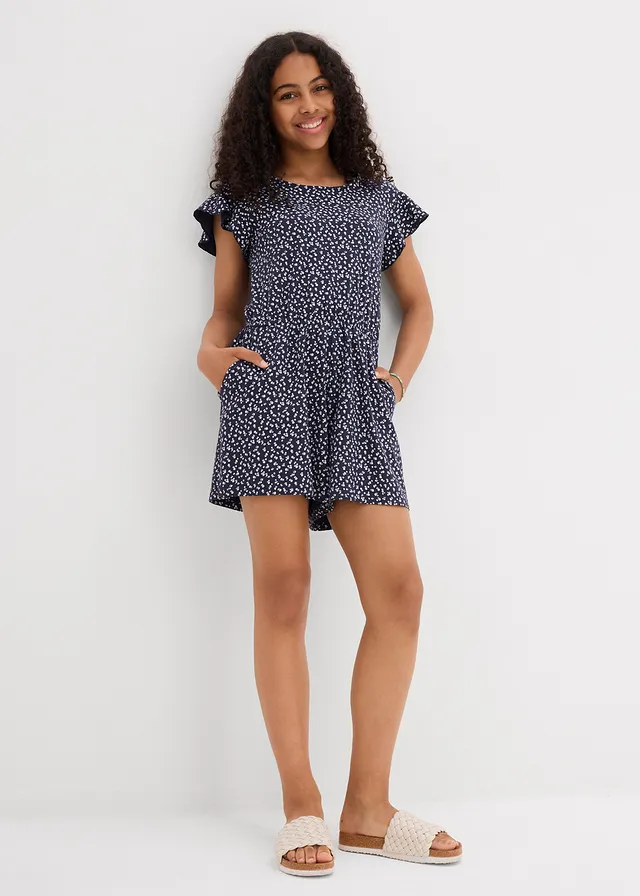 Jersey jumpsuit van elastische katoenmix, Kleur: donkerblauw gebloemd